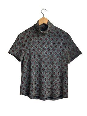 Vintage Nicola Med Metallic Shimmery Diamond Pattern Mock Neck Short Sleeve Top